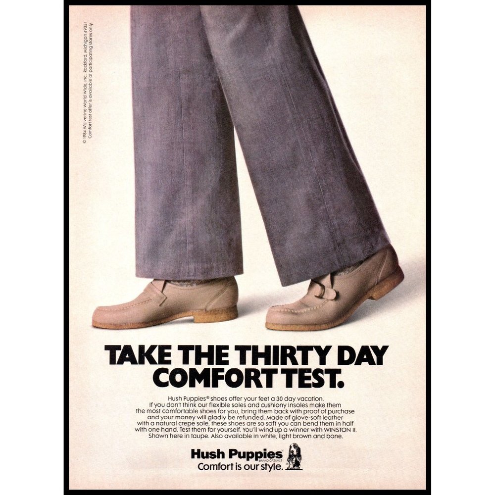 1984 Hush Puppies Walking Shoes Loafers Vintage Print Ad Cork Soles Wall Art